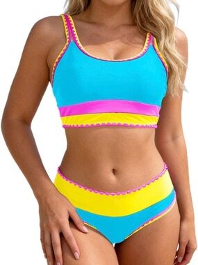 Turquoise & Pink Girls' Two-Piece Swim Set with Yellow Trim